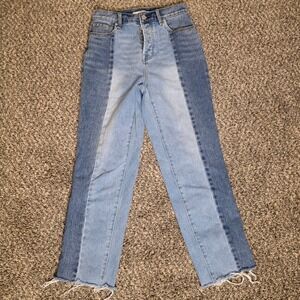 PacSun High Rise Straight Two Tone Patchwork Jeans Blue Raw Hem Size 25